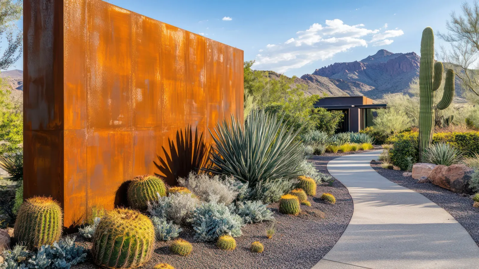 Desert garden with a block wall framing the Tucson mountains