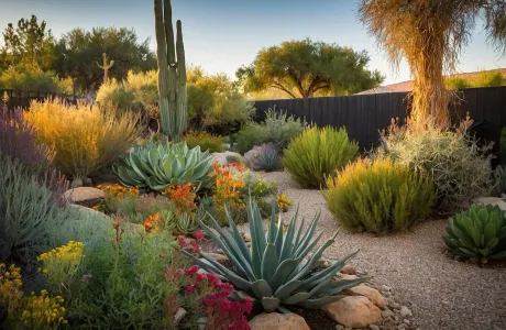 Irrigated desert garden with mixed plantings